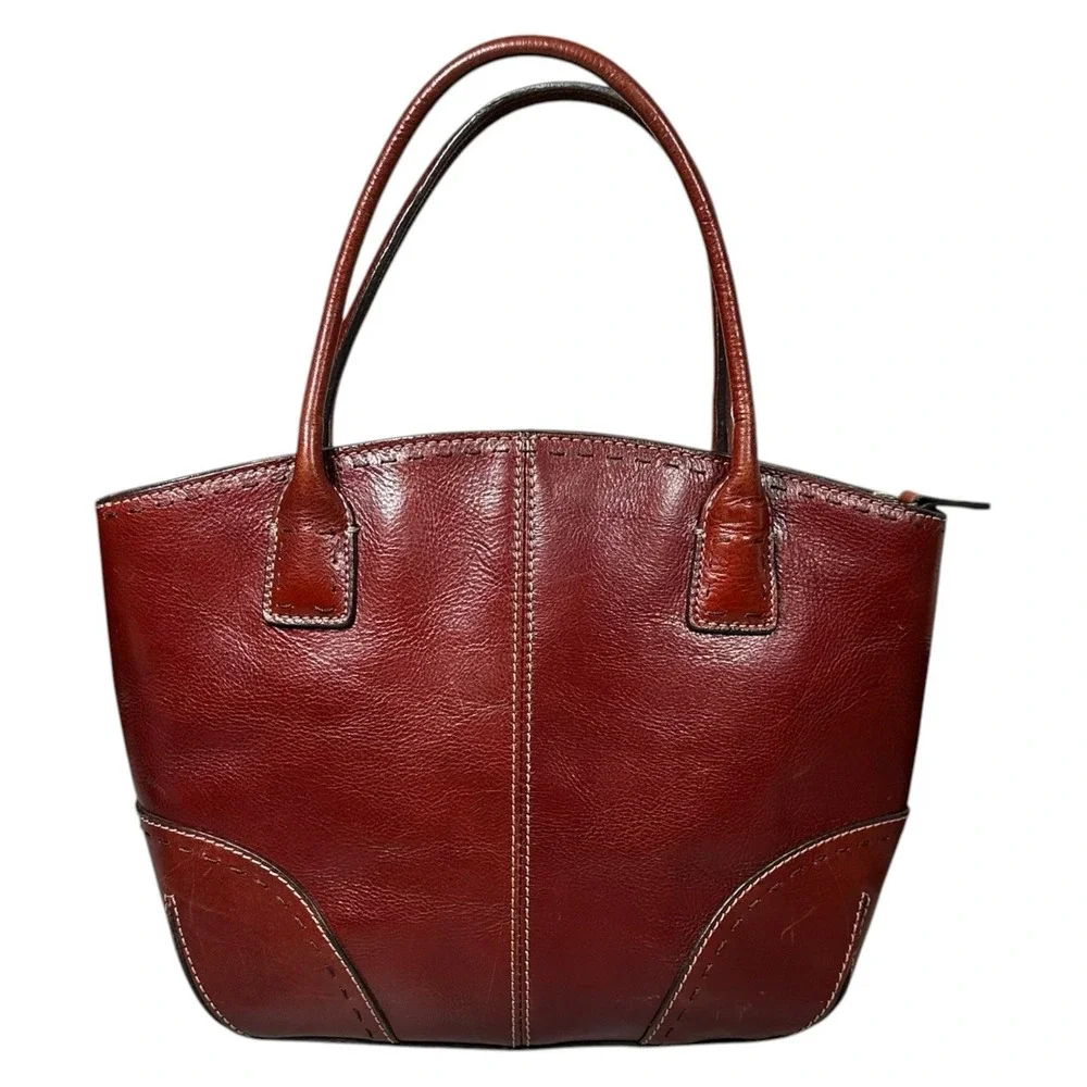 Vintage Fossil Cognac Leather Satchel Double Handle Bag Classic Y2K Key Charm - Picture 2 of 15